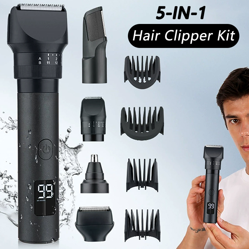 Men'S Grooming Kits - 5-in-1コードレスヘアクリッパー LEDディスプレイ付き メンズ髭/鼻毛トリマー 充電式バーバーグルーミングキット 電動ヘアカットマシン