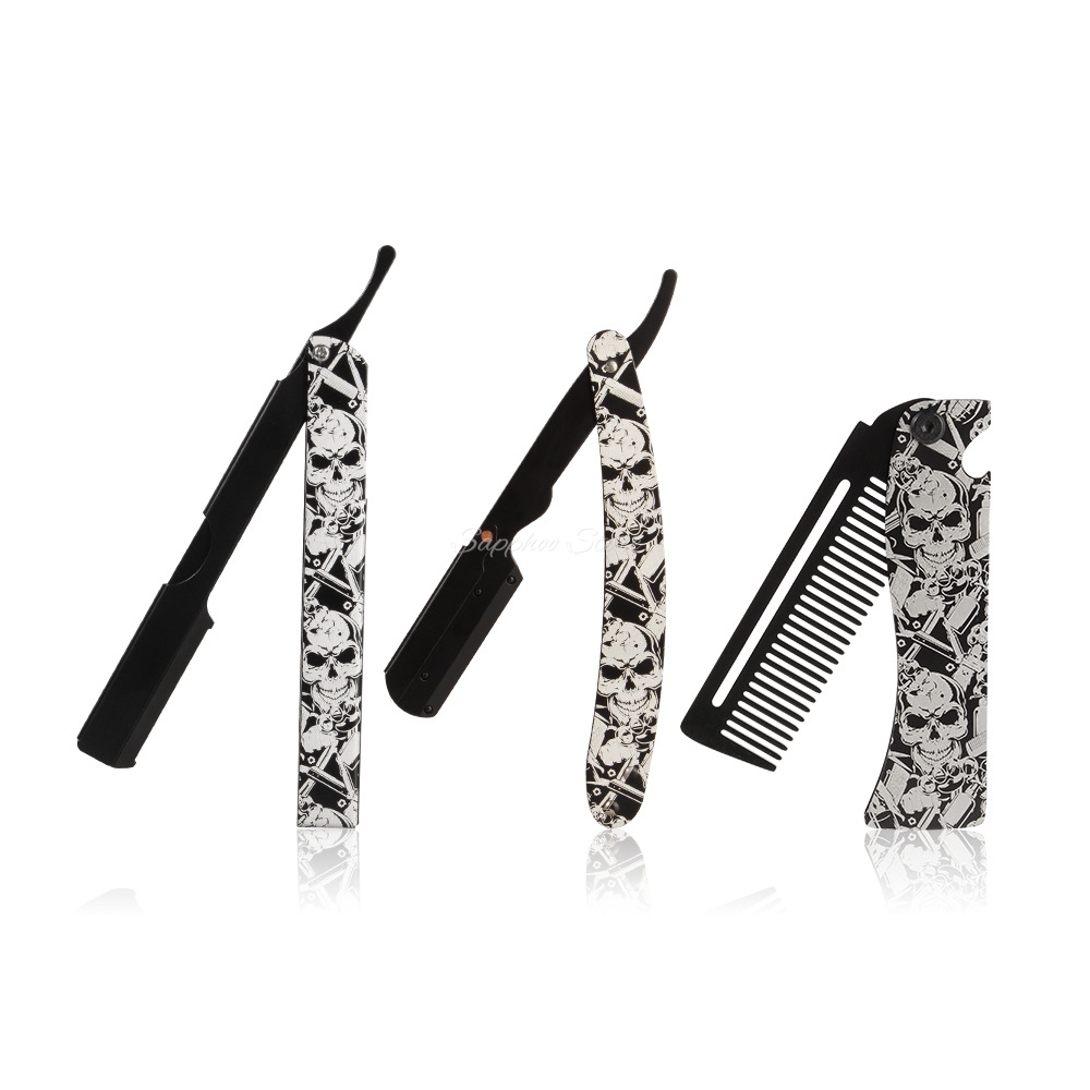 Men'S Grooming Razor Kit - 2026 バーバー折りたたみ式ストレートレザーロー シェービングキット スカルパターン メタルカットスロートレザーロー＆ポケットコーム メンズグルーミングシェーブセット