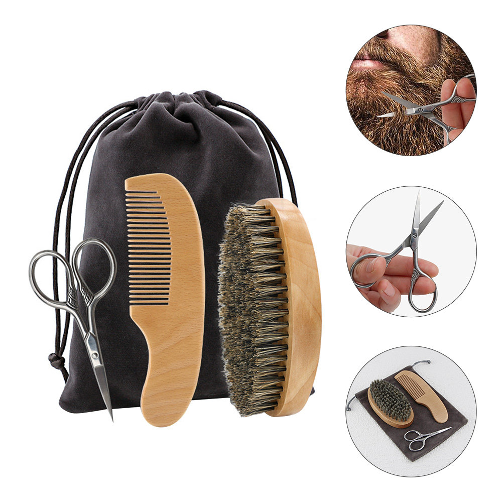 Men'S Grooming And Style - 男性用髭スタイリングセット1セット、プレミアム髭ブラシ、櫛、ハサミ、布製バッグ入り、携帯用グルーミングキット、肌に優しい、日常使いに最適